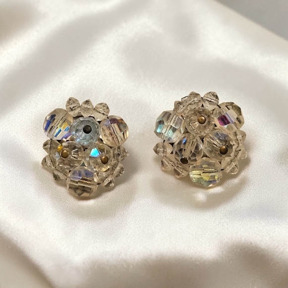 Vintage 1950s Germany AB Crystal Beaded Cluster Clip on Earrings - Picture 2 of 4